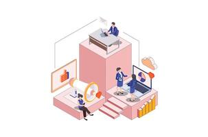 Isometric Business people characters, meeting, teamworking in office rooms. Trendy isometry suitable for background, banner, infographic template. Isometric line illustration. vector