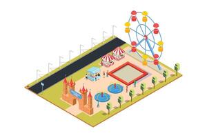 Amusement park isometric concept. Happy people in amusement park white background vector