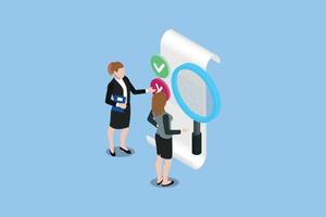 Isometric business analysis, analytics, research. Analytics and monitoring, where a business team tracks a web-based reporting dashboard and conducts data analysis for financial business planning. vector