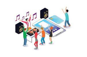 Isometric Cloud Online Music Player Entertainment Illustration in White Isolated Background With People and Digital Related Asset vector