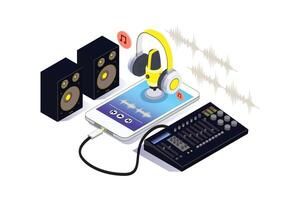 Isometric Microphone and Headphone on smartphone. Podcast Concept. vector