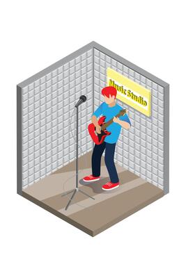 Isometric Studio Music Recording . Soundproof wall in sound studio Man singing into a condenser microphone suitable for graphic asset