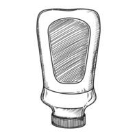 Mayonnaise sauce in the bottle. Food illustration in the graphic line art style. Hand drawn outline element of preparing meal. Perfect for menu creating and sketch drawing designs. vector