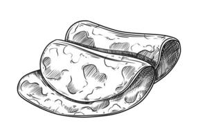 Ham two cured slices food illustration in the graphic line art style. Hand drawn outline element of breakfast meat meal. Perfect for menu creating and modern drawing designs. vector