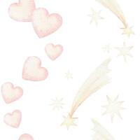 Pink heart with star and comet seamless pattern in cartoon style. Hand drawn watercolor illustration on a white background. Perfect for pajama party template and childish paper or fabric designs. vector