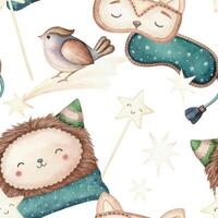 Sleep mask with bird and pillow seamless pattern in cartoon style. Hand drawn watercolor illustration on the white background. Perfect for pajama party template and childish paper or fabric designs. vector