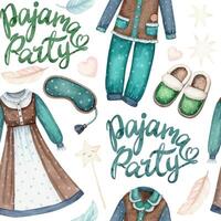 Pajama party lettering with sleepwear and slippers seamless pattern in cartoon style. Hand drawn watercolor illustration on a white background. Perfect for template and baby paper or fabric design. vector