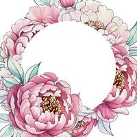 A beautiful arrangement of pink peonies and green leaves form a lovely circular border, perfect for enhancing artistic projects or invitations. vector