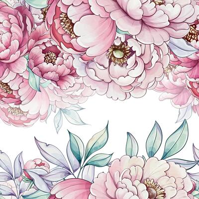 Soft hues of pink and white fill the canvas as peonies flourish abundantly, their graceful petals intertwining with gentle foliage.