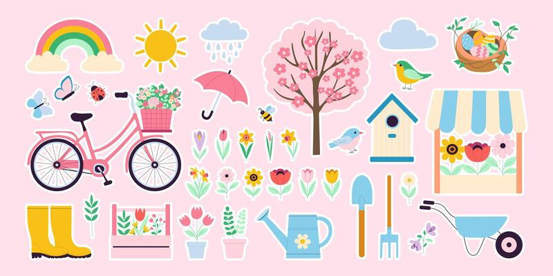 A collection of colorful stickers featuring various garden and outdoor items, including a bicycle, a birdhouse, and a bird