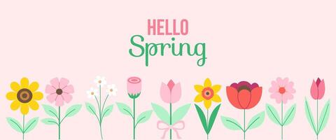 A colorful floral design with the words Hello Spring written in cursive. The flowers are arranged in a row, with some of them overlapping each other. Scene is cheerful and vibrant vector