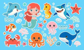 A collection of sea creatures including a mermaid, octopus, and shark. The mermaid is smiling and waving, while the shark has its mouth wide open. The scene is bright and colorful vector
