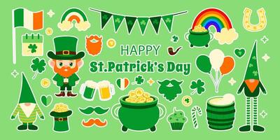 A green background with a variety of Irish symbols and a happy St. Patrick's Day message. The symbols include a green shamrock, a rainbow, a pot of gold, a man with a beard and mustache vector