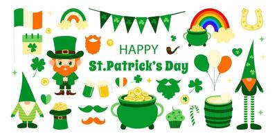 A colorful poster with various symbols and a happy message for St. Patrick's Day. The poster features a man in a green hat, a pot of gold, and other festive elements vector
