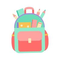 A backpack with a green strap and red lining. It is filled with school supplies such as pencils, pens, and notebooks vector