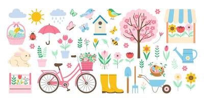 A colorful spring image of a garden with a bicycle, a birdhouse, a bird, a tree vector