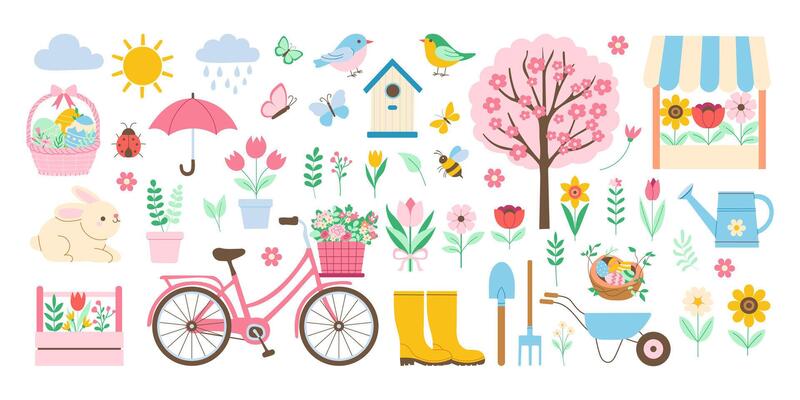 A colorful spring image of a garden with a bicycle, a birdhouse, a bird, a tree