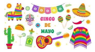 The image is a vibrant display of Mexican culture, featuring a guitar, a sombrero, and a cactus. The title Cinco de Mayo is written in bold letters, emphasizing the significance of the holiday vector