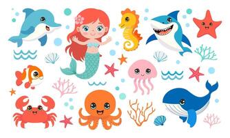 A collection of sea creatures, including a mermaid, a shark, and a whale, are depicted in a colorful and playful style. Concept of fun and adventure vector