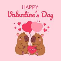 A cute cartoon of two brown capybaras hugging each other and holding a red heart. The image is titled Happy Valentine's Day and is pink in color vector