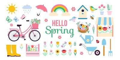 A colorful poster with a bicycle, umbrella, and other items that says Hello Spring. The poster is full of bright colors and has a cheerful, happy vibe vector