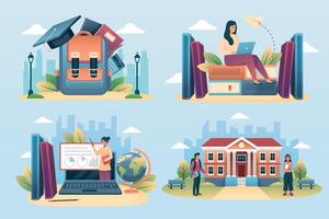 University hand drawn cartoon mini compositions set vector