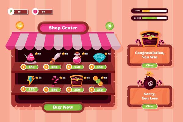Colorful Game Shop Interface with Win and Lose Messages