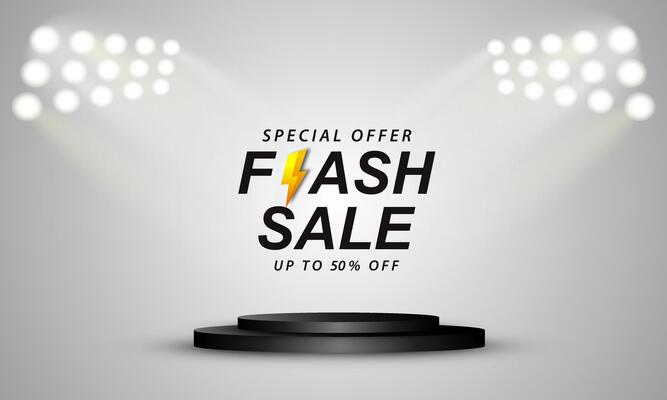 Flash sale promo banner template with 3D podium on background.
