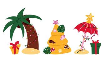 set of palm trees, Christmas tree, an umbrella. A tree with coconuts and a garland. Christmas tree made of beach sand. An umbrella with gifts and a star. On a white. Merry Christmas in the tropics vector