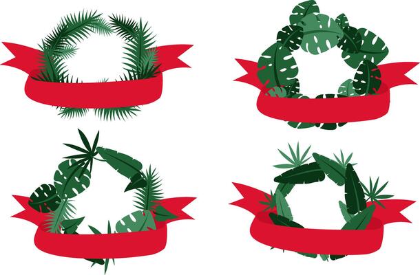 set of wreaths made of tropical palm leaves for party invitations, posters. Flat exotic frame with ribbon. Collection of tropical motifs for inscriptions. Holidays, wedding, birthday in the tropics