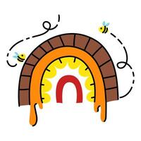 Wooden honeycomb frame with honey in shape rainbow. tool for collecting honey from hive. beehive pattern with honey diamonds and streaks. silhouette of honey sign, taste, ingredient with flying bees vector