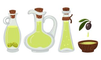 A set of bottles of homemade olive oil, closed, with olives inside. A flat illustration is highlighted on a white background. Various containers are covered with a cork lid, in a saucer for home use. vector