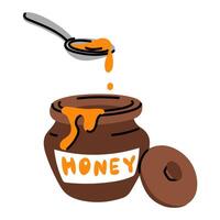 spoon with Honey and a clay container. spoon with honey drips into an open pottery bowl with a signature. An isolated illustration for food. The taste of honey, an ingredient for additives in dishes vector
