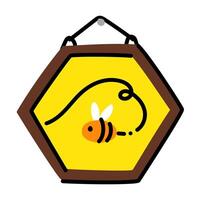 cute Bee is hanging in a Wooden Frame. small striped circle with a drawn flight line. wooden hexagon is hanging on the wall. An insect in a yellow hexagon. isolated image. Painting, embroidery vector