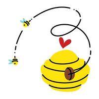 yellow bee hive, bees are flying. beehive with a heart, highlighted on a white background. beehive with bee flight lines. a house for insect bees. illustration of an isolated object. The Flying Swarm vector