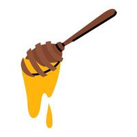 A Honey Wooden Spoon. A spoonful of flowing honey drips down. An isolated illustration for food. An image of the taste of honey, an ingredient used to indicate additives in dishes. Flat insulated vector