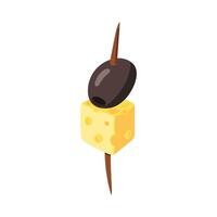 skewer with pitted olives and a piece of cheese. sharp stick with berries strung on it. berries are shaped like snacks. Olives and cheese on a white background. Hand-drawn flat illustration on a white vector