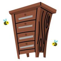 Wooden Beehive in an apiary box. apiary farm highlighted on a white. Home-made honey production. One wooden house for bees. Insects fly near the house. drawer with shelves and frames for storing honey vector