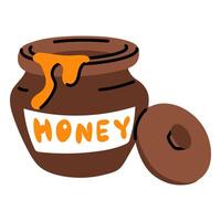 In a clay container with honey. An open clay pot with a lid and a signature. A separate illustration for the dish. The taste of honey, an ingredient for adding to dishes. Flat illustration honey vector