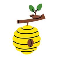 yellow beehive is hanging on a tree branch. A beehive with honey inside, isolated on a white. A beehive with lines, a branch with leaves. A bee insect house. illustration of an isolated object vector