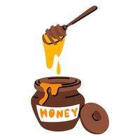 honey Wooden Spoon with a clay container. spoon with flowing honey drips into an open pottery bowl with a signature. isolated illustration for food. Taste of honey, ingredient for additives in dishes vector