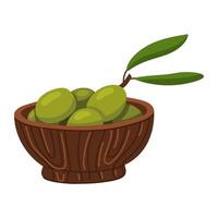 Olives in a wooden bowl. Color illustration of large olives with leaves lying on a plate. Whole olives, hand-drawn. Isolated image of a dish on a white background. Ingredients for taste vector