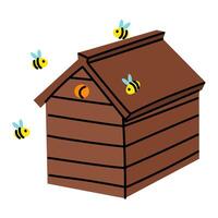 Wooden beehive in an apiary box. house with roof, highlighted on white. Home-made honey production. One wooden house for bees. Insects fly near house. drawer with shelves and frames for storing honey vector
