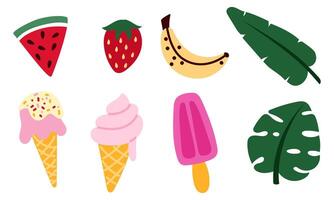 set of summer refreshing items in a flat style. Beach elements for a tropical vacation. Minimalistic geometric style. watermelon, ice cream, palm leaves. An isolated illustration. vector