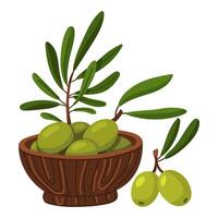 Olives in a wooden bowl with branches. Color illustration of large olives with leaves lying on a plate. Whole olives, hand-drawn. Isolated image of a dish on a white background. Ingredients for taste vector