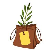 An olive tree sprout in a gift bag in the form of a contour. Isolated flat illustration. An environmentally friendly product with olive oil content. A natural product. the scheme for coloring vector