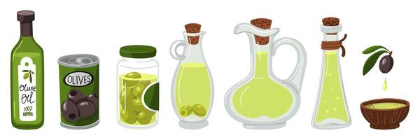 set of bottles of homemade olive oil, pickled, closed, with olives inside. flat illustration is highlighted on a white. Various containers are covered with a cork lid, in a saucer for home use. vector