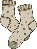 Hand drawn color illustration of warm socks with patterns, gray socks. Knitted wool clothes. vector
