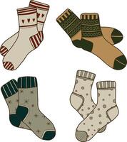 A set of hand-drawn color illustrations of warm socks with patterns. Knitted wool clothes. Outlines of clothing items. vector