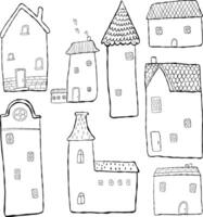 Large set of houses, imitation ink, hand drawn. Cute houses with tiled roofs. Line illustration, doodles vector